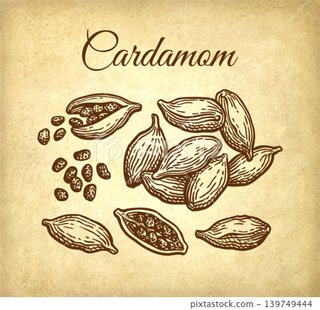 Cardamom ink sketch set on old paper. Cardamom ink sketch set on old paper. 139749444