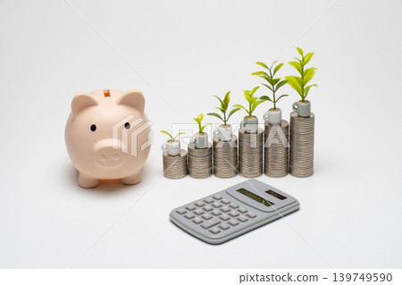 The image of growing savings with a piggy bank, a calculator, and a pile of coins. The image of growing savings with a piggy bank, a calculator, and a pile of coins. 139749590
