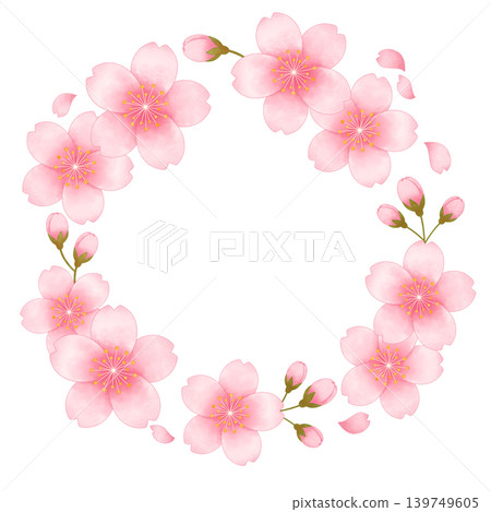 A watercolor-style wreath frame illustration featuring soft pink cherry blossoms arranged in a circle. A watercolor-style wreath frame illustration featuring soft pink cherry blossoms arranged in a circle. 139749605