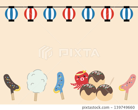 一幅以彩色燈籠和可愛的夏日節日小吃攤為主題的插畫。 一幅以彩色燈籠和可愛的夏日節日小吃攤為主題的插畫。 139749660