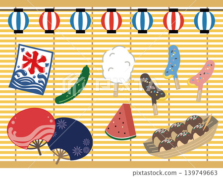 一組描繪夏日節日美食攤位和扇子的可愛插圖。 一組描繪夏日節日美食攤位和扇子的可愛插圖。 139749663