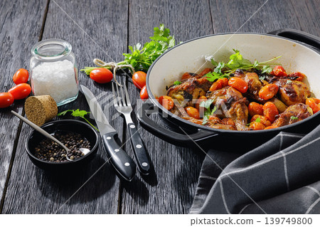 Roasted chicken drumsticks with tomatoes in a pot Roasted chicken drumsticks with tomatoes in a pot 139749800