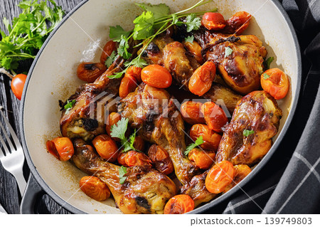 Roasted chicken drumsticks with tomatoes in a pot Roasted chicken drumsticks with tomatoes in a pot 139749803