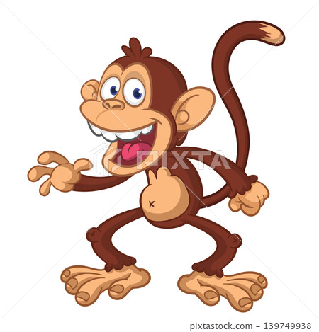 Cartoon funny brown monkey chimpanzee jumping or dancing. Vector illustration isolated on white Cartoon funny brown monkey chimpanzee jumping or dancing. Vector illustration isolated on white 139749938