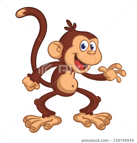Cartoon funny brown monkey chimpanzee jumping or dancing. Vector illustration isolated on white Cartoon funny brown monkey chimpanzee jumping or dancing. Vector illustration isolated on white 139749939