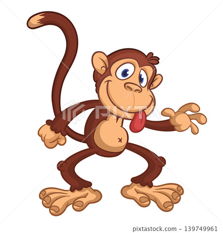 Cartoon funny brown monkey chimpanzee jumping or dancing. Vector illustration isolated on white Cartoon funny brown monkey chimpanzee jumping or dancing. Vector illustration isolated on white 139749961