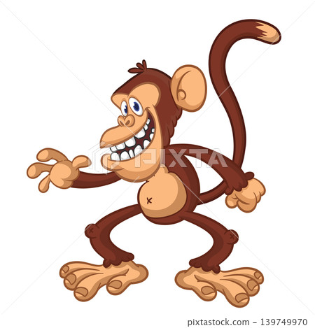 Cartoon funny brown monkey chimpanzee jumping or dancing. Vector illustration isolated on white Cartoon funny brown monkey chimpanzee jumping or dancing. Vector illustration isolated on white 139749970