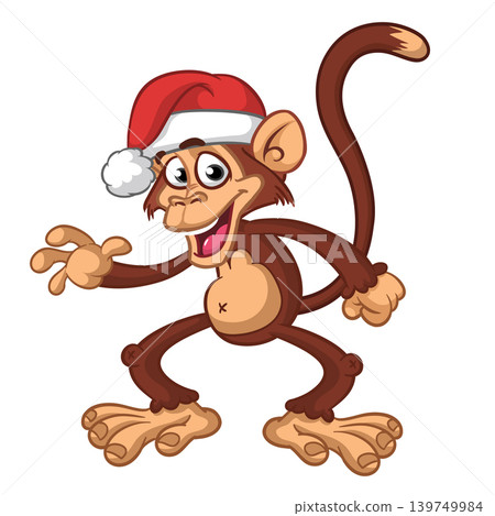 Cartoon funny monkey chimpanzee wearing Santa Hat. Vector illustration for Christmas Cartoon funny monkey chimpanzee wearing Santa Hat. Vector illustration for Christmas 139749984