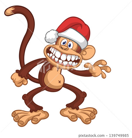 Cartoon funny monkey chimpanzee wearing Santa Hat. Vector illustration for Christmas Cartoon funny monkey chimpanzee wearing Santa Hat. Vector illustration for Christmas 139749985
