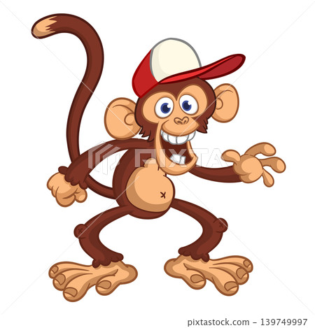 Cartoon funny brown monkey chimpanzee wearing baseball cap. Vector illustration isolated on white 139749997