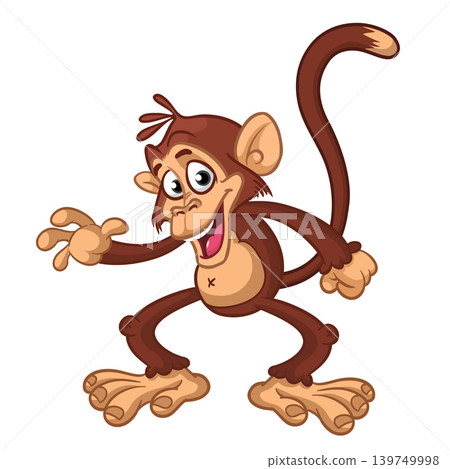 Cartoon funny brown monkey chimpanzee jumping or dancing. Vector illustration isolated on white Cartoon funny brown monkey chimpanzee jumping or dancing. Vector illustration isolated on white 139749998