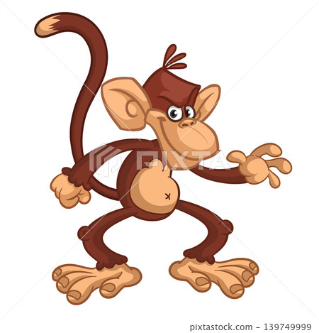 Cartoon funny brown monkey chimpanzee jumping or dancing. Vector illustration isolated on white 139749999
