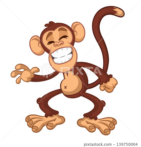 Cartoon funny brown monkey chimpanzee jumping or dancing. Vector illustration isolated on white 139750004