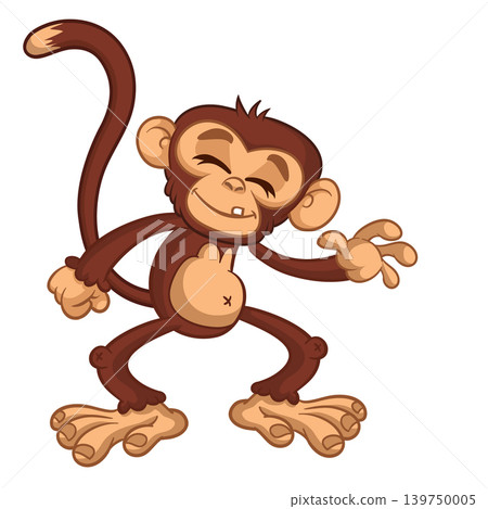 Cartoon funny brown monkey chimpanzee jumping or dancing. Vector illustration isolated on white 139750005