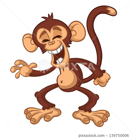 Cartoon funny brown monkey chimpanzee jumping or dancing. Vector illustration isolated on white 139750006