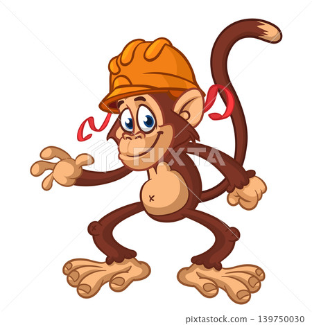 Cartoon funny brown monkey chimpanzee wearing safety helmet. Vector illustration isolated on white Cartoon funny brown monkey chimpanzee wearing safety helmet. Vector illustration isolated on white 139750030