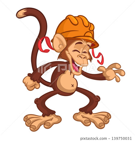 Cartoon funny brown monkey chimpanzee wearing safety helmet. Vector illustration isolated on white 139750031