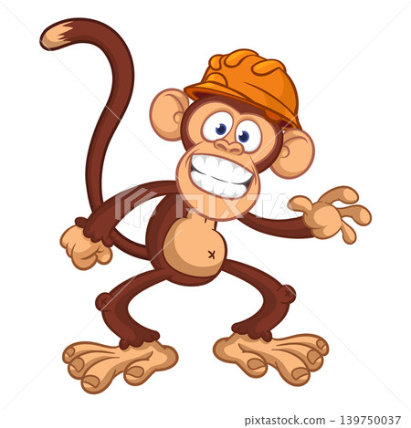 Cartoon funny brown monkey chimpanzee wearing safety helmet. Vector illustration isolated on white 139750037