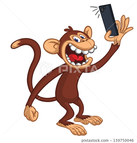 Cartoon funny monkey chimpanzee making selfie with the smartphone. Vector illustration isolated on white Cartoon funny monkey chimpanzee making selfie with the smartphone. Vector illustration isolated on white 139750046