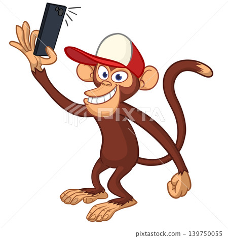 Cartoon funny monkey chimpanzee making selfie with the smartphone. Vector illustration isolated on white 139750055