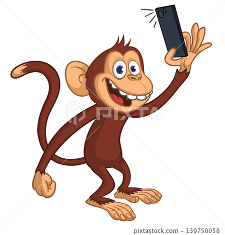 Cartoon funny monkey chimpanzee making selfie with the smartphone. Vector illustration isolated on white Cartoon funny monkey chimpanzee making selfie with the smartphone. Vector illustration isolated on white 139750058