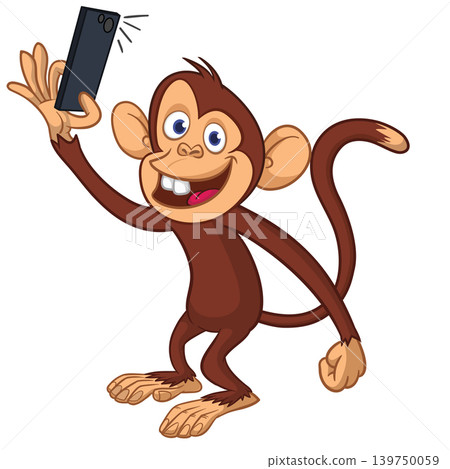 Cartoon funny monkey chimpanzee making selfie with the smartphone. Vector illustration isolated on white Cartoon funny monkey chimpanzee making selfie with the smartphone. Vector illustration isolated on white 139750059