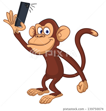 Cartoon funny monkey chimpanzee making selfie with the smartphone. Vector illustration isolated on white Cartoon funny monkey chimpanzee making selfie with the smartphone. Vector illustration isolated on white 139750074