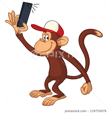 Cartoon funny monkey chimpanzee making selfie with the smartphone. Vector illustration isolated on white Cartoon funny monkey chimpanzee making selfie with the smartphone. Vector illustration isolated on white 139750076