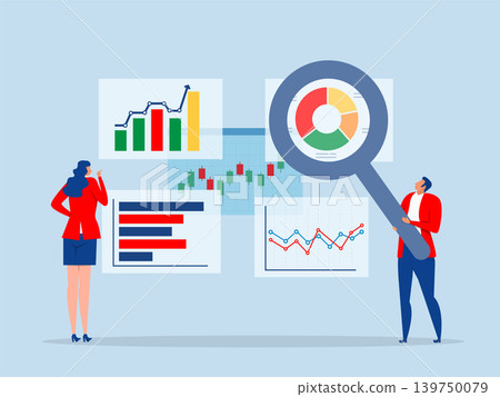 Businessman analyzing data with charts chart and diagram dashboard, and magnifying glass financial graph statistics, SEO or optimization concept 139750079