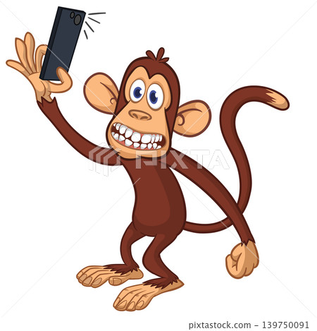 Cartoon funny monkey chimpanzee making selfie with the smartphone. Vector illustration isolated on white Cartoon funny monkey chimpanzee making selfie with the smartphone. Vector illustration isolated on white 139750091