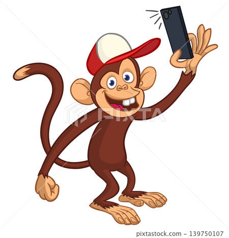 Cartoon funny monkey chimpanzee making selfie with the smartphone. Vector illustration isolated on white Cartoon funny monkey chimpanzee making selfie with the smartphone. Vector illustration isolated on white 139750107