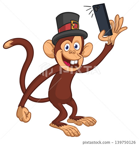 Cartoon funny monkey chimpanzee making selfie with the smartphone in top hat. Vector illustration isolated on white Cartoon funny monkey chimpanzee making selfie with the smartphone in top hat. Vector illustration isolated on white 139750126