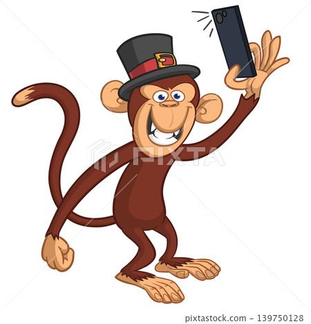 Cartoon funny monkey chimpanzee making selfie with the smartphone in top hat. Vector illustration isolated on white Cartoon funny monkey chimpanzee making selfie with the smartphone in top hat. Vector illustration isolated on white 139750128