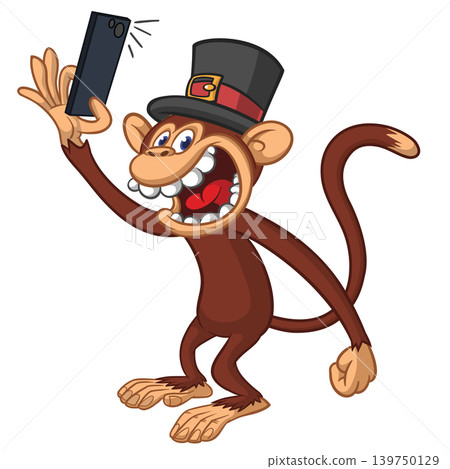 Cartoon funny monkey chimpanzee making selfie with the smartphone in top hat. Vector illustration isolated on white Cartoon funny monkey chimpanzee making selfie with the smartphone in top hat. Vector illustration isolated on white 139750129