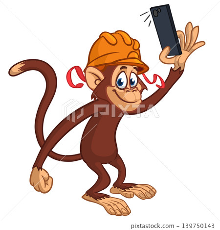 Cartoon funny monkey chimpanzee making selfie with the smartphone wearing helmet 139750143