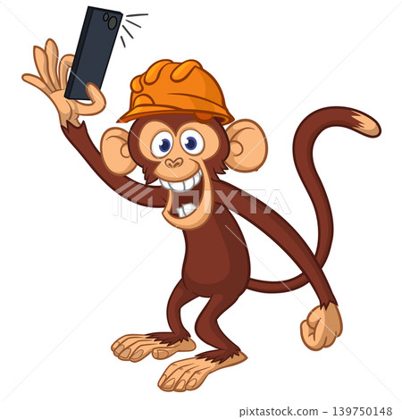 Cartoon funny monkey chimpanzee making selfie with the smartphone wearing helmet Cartoon funny monkey chimpanzee making selfie with the smartphone wearing helmet 139750148