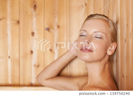 Woman, relax and wellness in sauna for health, detox and sweat for skincare, heat therapy and anti aging. Person, rest or wood steam room for weight loss, stress relief or zen with beauty treatment Woman, relax and wellness in sauna for health, detox and sweat for skincare, heat therapy and anti aging. Person, rest or wood steam room for weight loss, stress relief or zen with beauty treatment 139750240