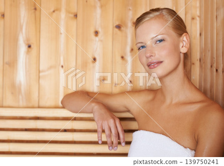 Woman, portrait or happy in sauna for health, detox or sweat for skincare, heat therapy and anti aging. Person, face or wood steam room for weight loss, stress relief or zen with beauty treatment Woman, portrait or happy in sauna for health, detox or sweat for skincare, heat therapy and anti aging. Person, face or wood steam room for weight loss, stress relief or zen with beauty treatment 139750241