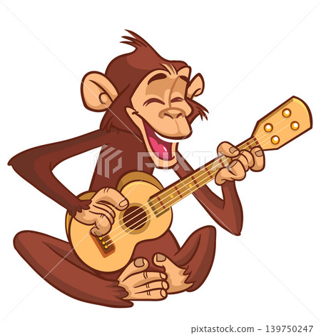 Cartoon funny brown monkey chimpanzee sitting and playing acoustic of electric guitar. Vector illustration isolated on white Cartoon funny brown monkey chimpanzee sitting and playing acoustic of electric guitar. Vector illustration isolated on white 139750247
