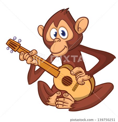 Cartoon funny brown monkey chimpanzee sitting and playing acoustic of electric guitar. Vector illustration isolated on white Cartoon funny brown monkey chimpanzee sitting and playing acoustic of electric guitar. Vector illustration isolated on white 139750251