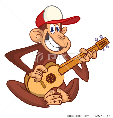 Cartoon funny brown monkey chimpanzee sitting and playing acoustic of electric guitar. Vector illustration isolated on white Cartoon funny brown monkey chimpanzee sitting and playing acoustic of electric guitar. Vector illustration isolated on white 139750252
