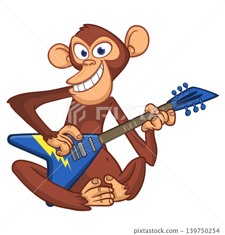Cartoon funny brown monkey chimpanzee sitting and playing acoustic of electric guitar. Vector illustration isolated on white Cartoon funny brown monkey chimpanzee sitting and playing acoustic of electric guitar. Vector illustration isolated on white 139750254