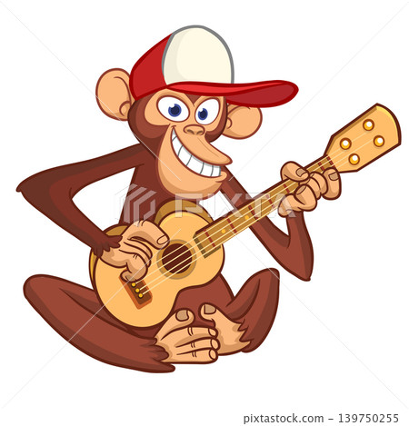 Cartoon funny brown monkey chimpanzee sitting and playing acoustic of electric guitar. Vector illustration isolated on white Cartoon funny brown monkey chimpanzee sitting and playing acoustic of electric guitar. Vector illustration isolated on white 139750255