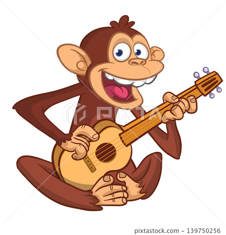 Cartoon funny brown monkey chimpanzee sitting and playing acoustic of electric guitar. Vector illustration isolated on white Cartoon funny brown monkey chimpanzee sitting and playing acoustic of electric guitar. Vector illustration isolated on white 139750256