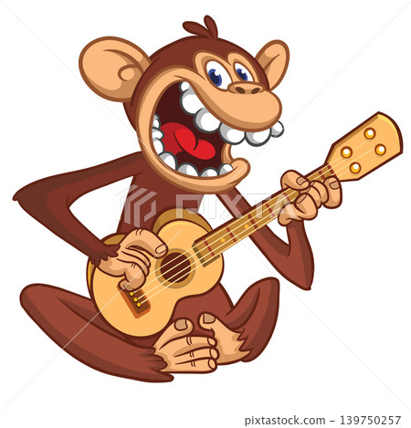 Cartoon funny brown monkey chimpanzee sitting and playing acoustic of electric guitar. Vector illustration isolated on white Cartoon funny brown monkey chimpanzee sitting and playing acoustic of electric guitar. Vector illustration isolated on white 139750257