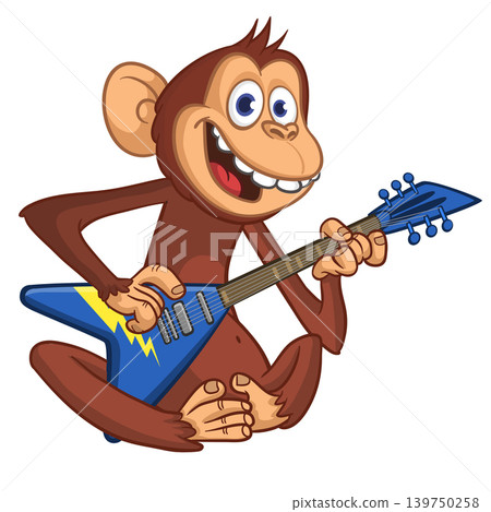 Cartoon funny brown monkey chimpanzee sitting and playing acoustic of electric guitar. Vector illustration isolated on white Cartoon funny brown monkey chimpanzee sitting and playing acoustic of electric guitar. Vector illustration isolated on white 139750258