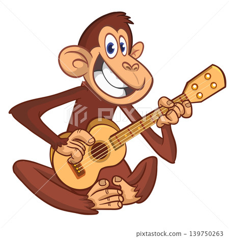 Cartoon funny brown monkey chimpanzee sitting and playing acoustic of electric guitar. Vector illustration isolated on white 139750263
