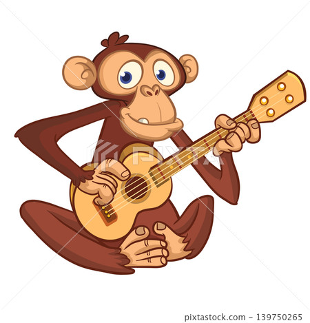 Cartoon funny brown monkey chimpanzee sitting and playing acoustic of electric guitar. Vector illustration isolated on white Cartoon funny brown monkey chimpanzee sitting and playing acoustic of electric guitar. Vector illustration isolated on white 139750265