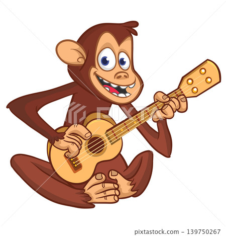 Cartoon funny brown monkey chimpanzee sitting and playing acoustic of electric guitar. Vector illustration isolated on white Cartoon funny brown monkey chimpanzee sitting and playing acoustic of electric guitar. Vector illustration isolated on white 139750267