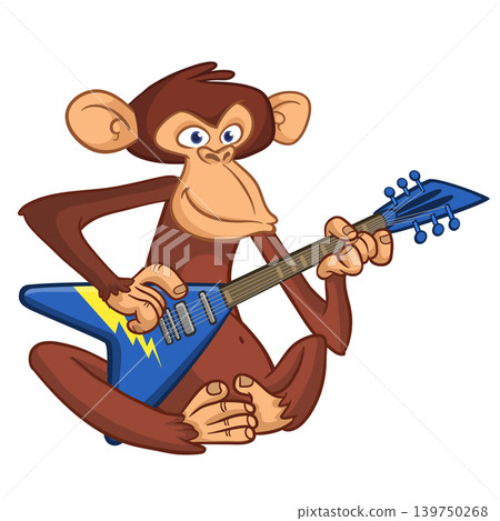 Cartoon funny brown monkey chimpanzee sitting and playing acoustic of electric guitar. Vector illustration isolated on white Cartoon funny brown monkey chimpanzee sitting and playing acoustic of electric guitar. Vector illustration isolated on white 139750268